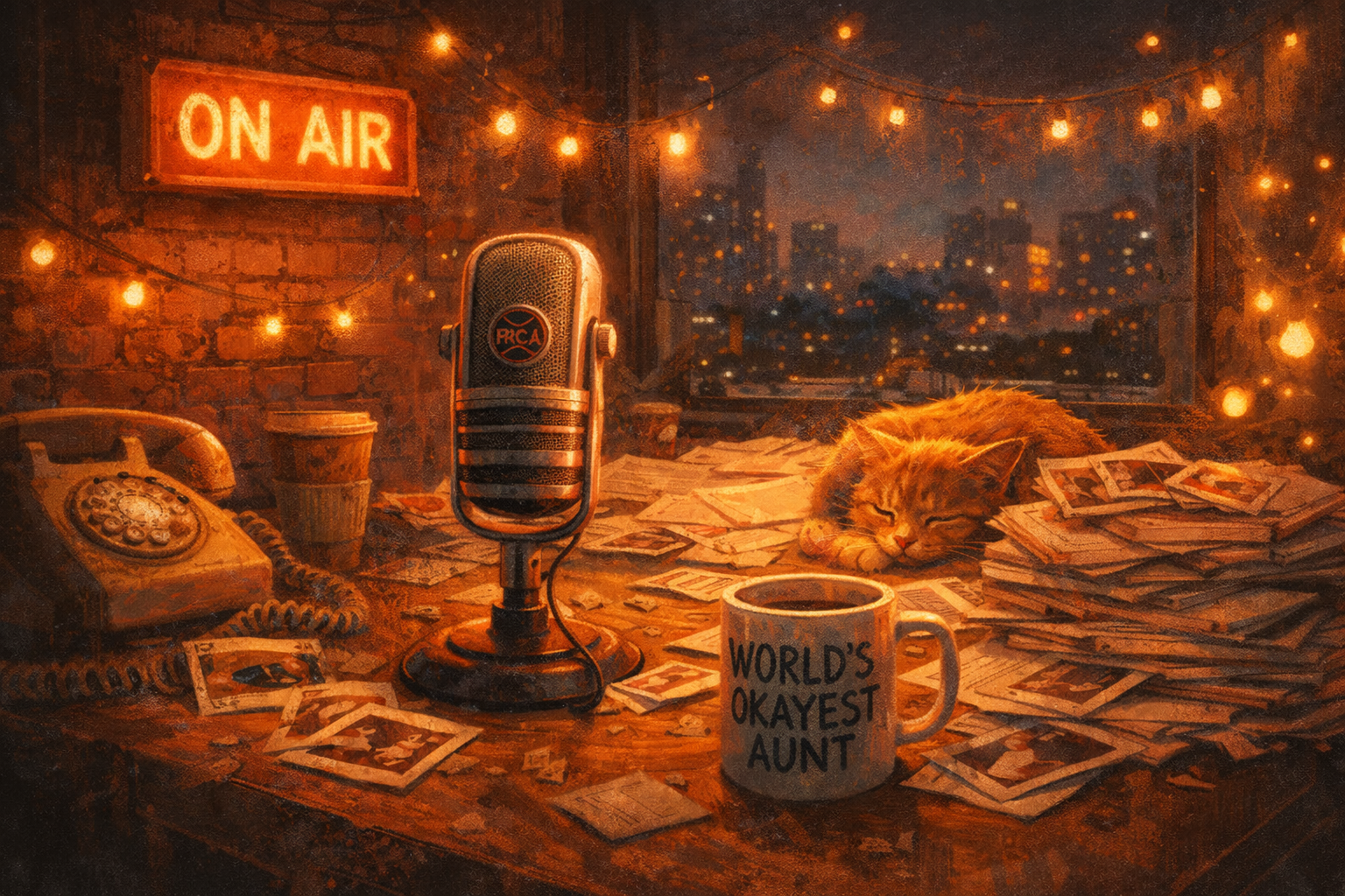 Ask Aunt Kelly - A cozy late-night radio studio with vintage microphone, glowing ON AIR sign, World's Okayest Aunt mug, and a sleeping cat among scattered papers.