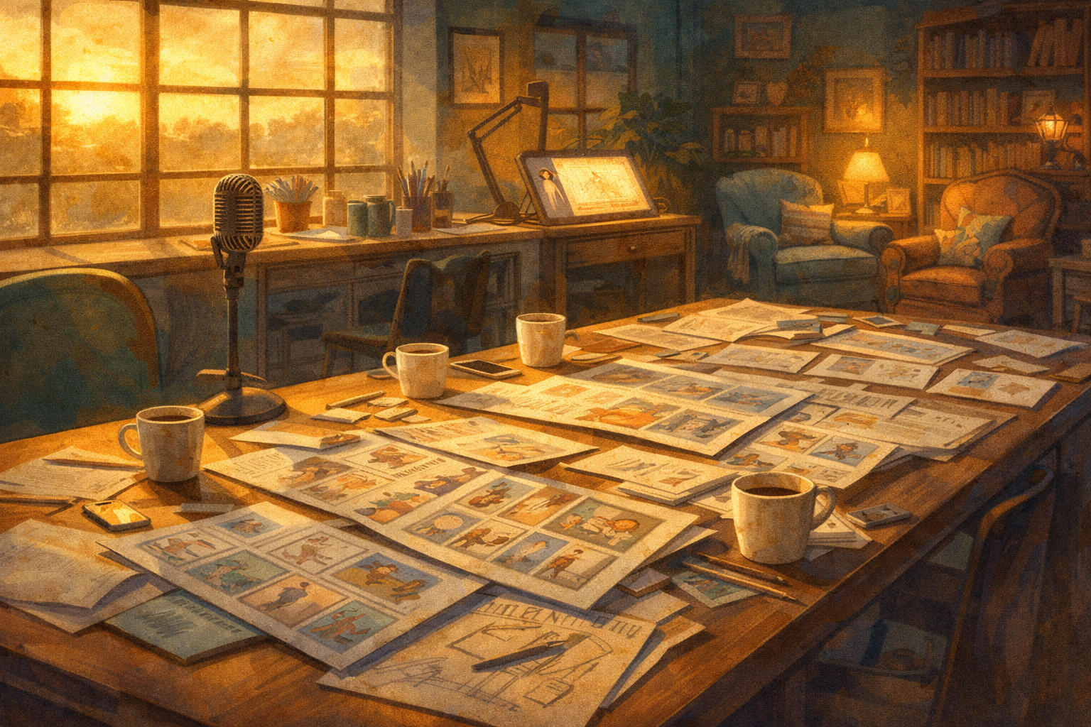 Echo Leaf creative studio - A warm workspace at golden hour with storyboards, coffee cups, vintage microphone, and animation desk.