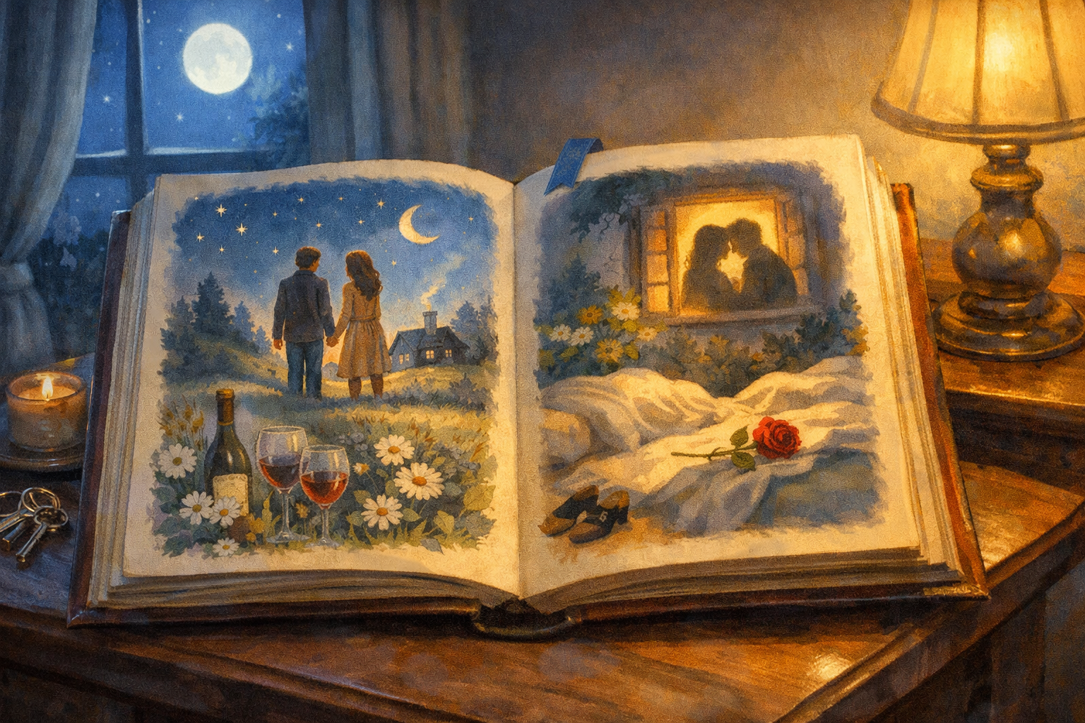 The Night You Were Conceived - An illustrated book open on a nightstand, showing whimsical children's book-style illustrations with subtle adult undertones. Moonlight streams through a window.